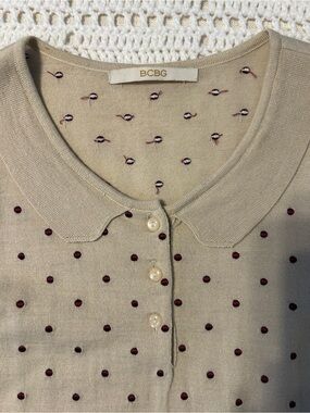 BCBG Beige Knit Polo Cardigan with Burgundy Dot Embroidery